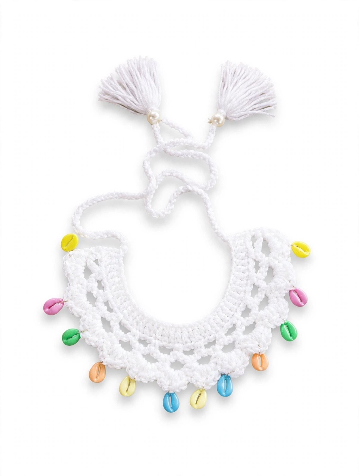 Handmade White Crochet Bib Necklace with Multicolor Beads & Tassels Rs.299